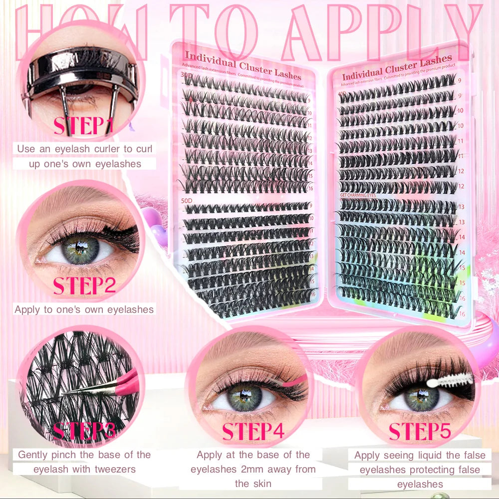 640PCS Cluster Eyelash Extension Set, lash glue, tweezers, and lash brush, mixed lengths of 9-16mm, and comes with n