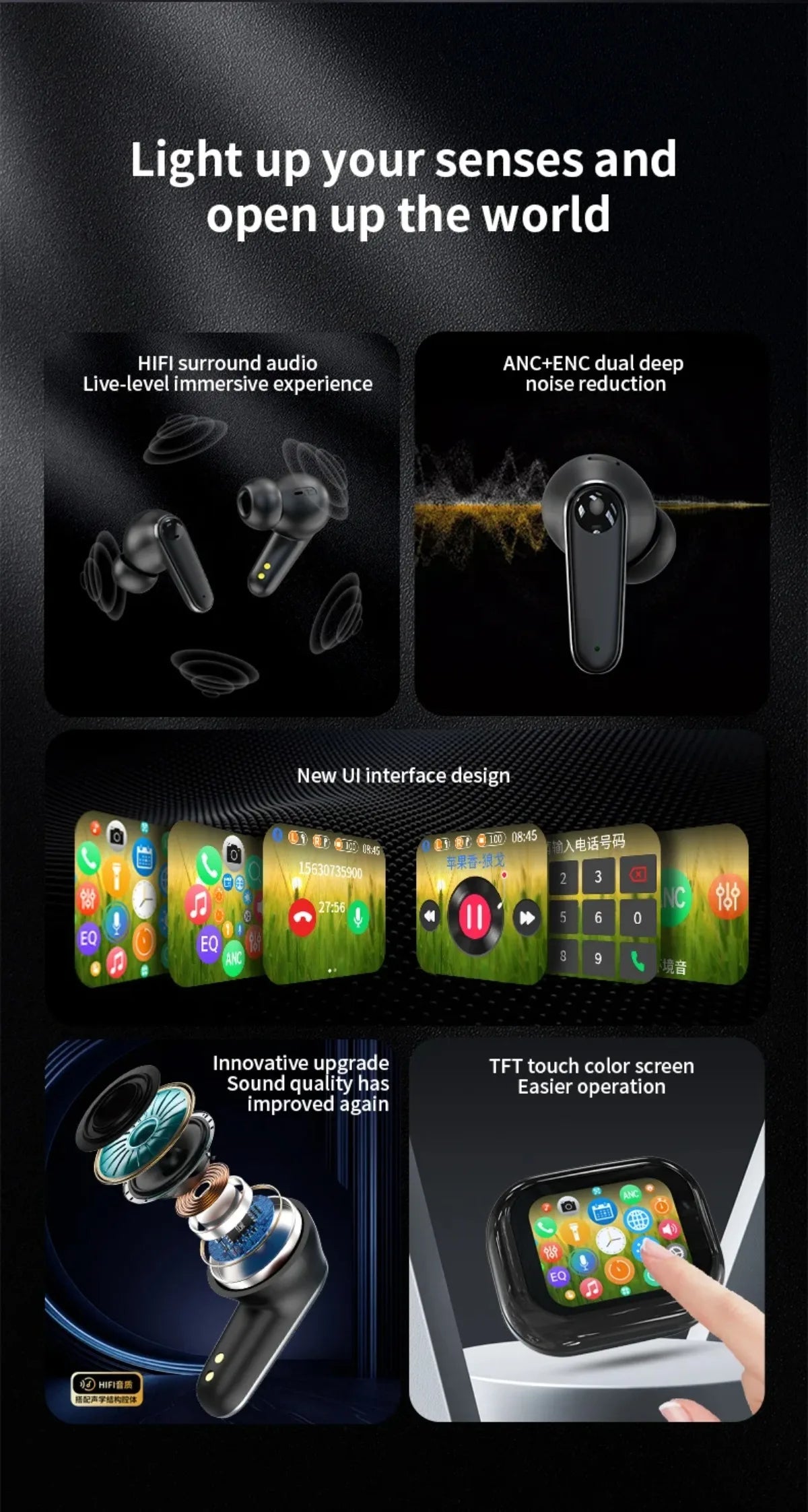 LED Display Smart Touch Control Headphones Language Translator Bluetooth Wireless Earphone Noise Cancelling Music Sports Earbuds