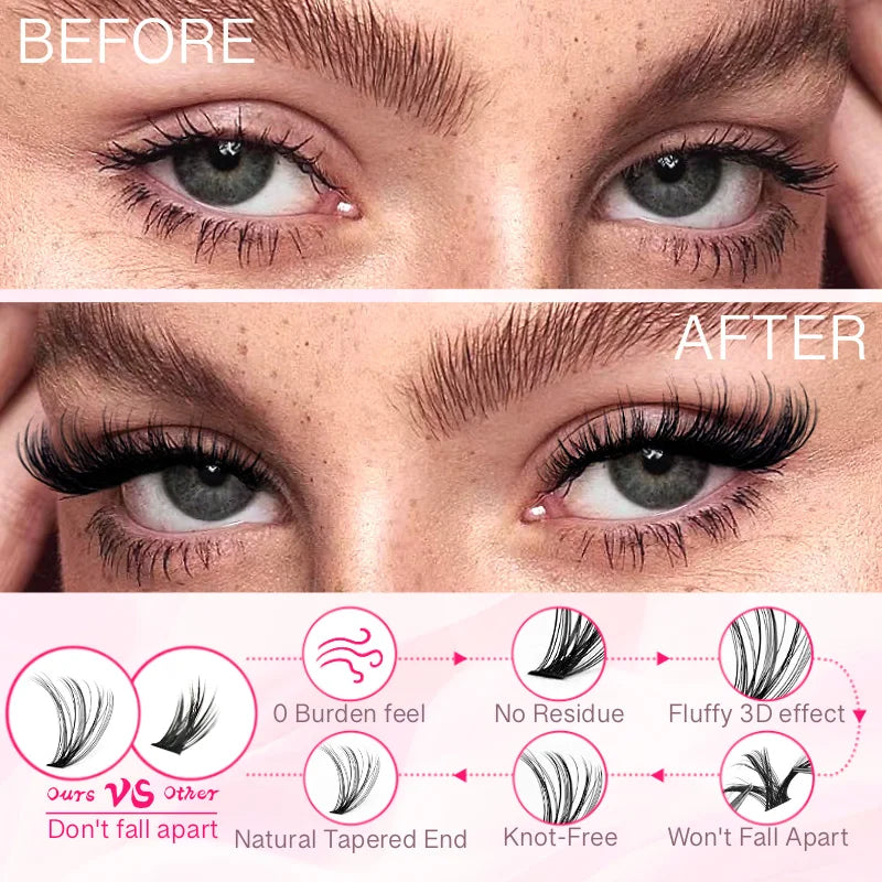 640PCS Cluster Eyelash Extension Set, lash glue, tweezers, and lash brush, mixed lengths of 9-16mm, and comes with n