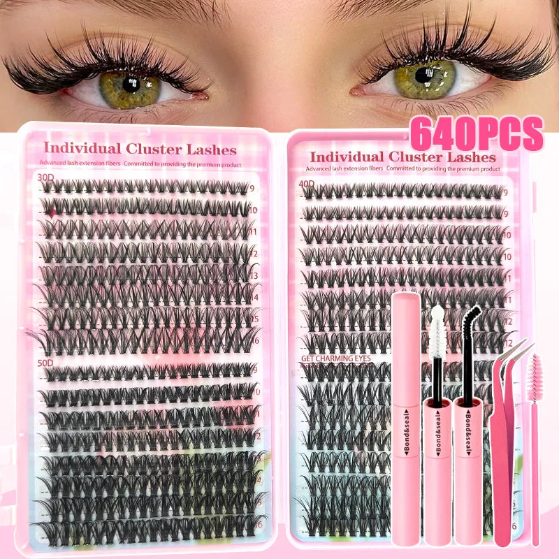 640PCS Cluster Eyelash Extension Set, lash glue, tweezers, and lash brush, mixed lengths of 9-16mm, and comes with n