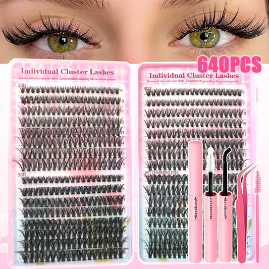 640PCS Cluster Eyelash Extension Set, lash glue, tweezers, and lash brush, mixed lengths of 9-16mm, and comes with n