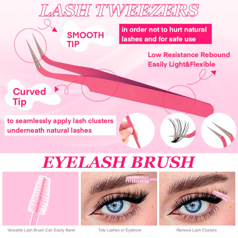 640PCS Cluster Eyelash Extension Set, lash glue, tweezers, and lash brush, mixed lengths of 9-16mm, and comes with n
