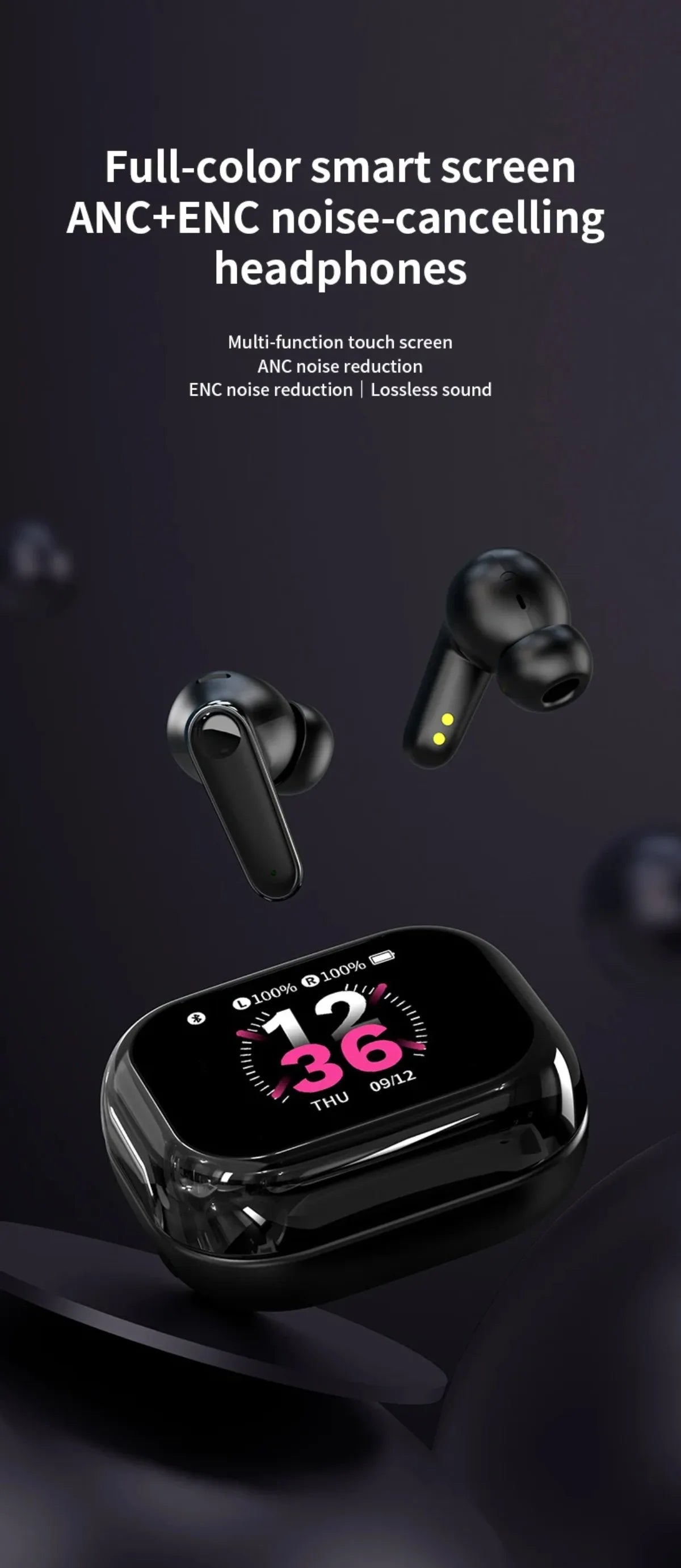 LED Display Smart Touch Control Headphones Language Translator Bluetooth Wireless Earphone Noise Cancelling Music Sports Earbuds