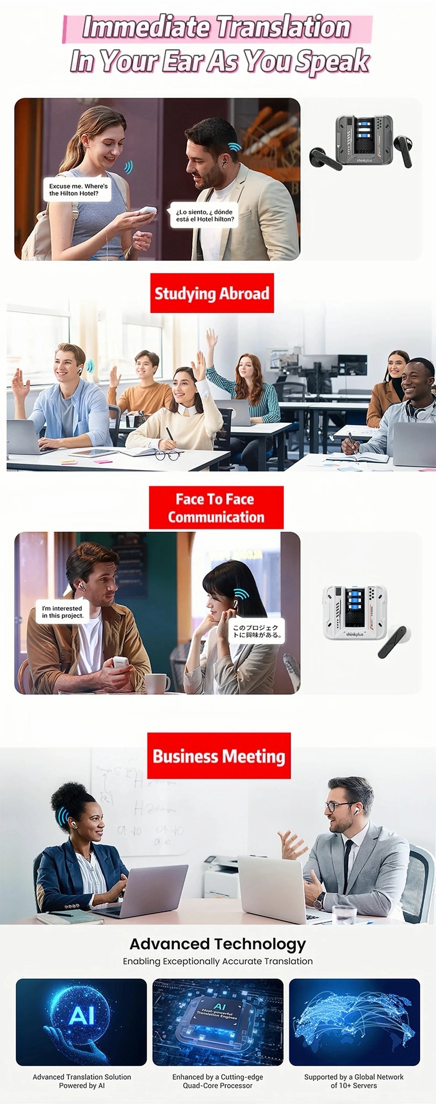 Lenovo LP49 AI Translation Headphones Wireless Bluetooth 5.4 Noise Reduction HD Call Earbuds Office Travel Real Time Translation