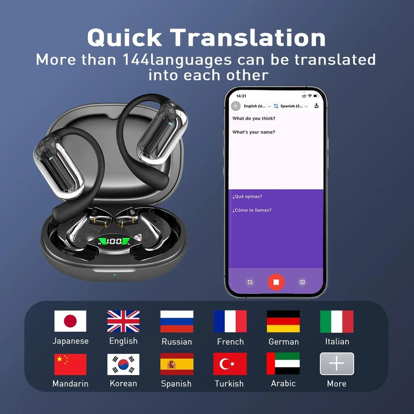 UYUXIO Real Time AI Language Translation Earbuds OWS Translator Headphone with 144 Languages Earphone Ear Buds for Business